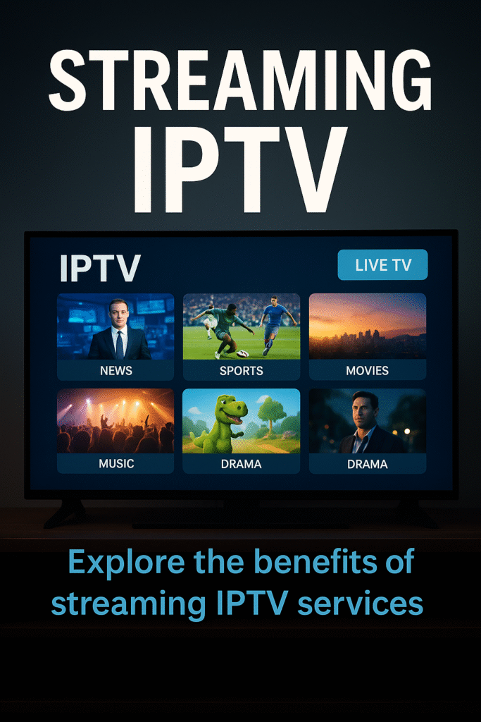 Smart IPTV stream interface showing UK channels on a modern TV in a dark living room