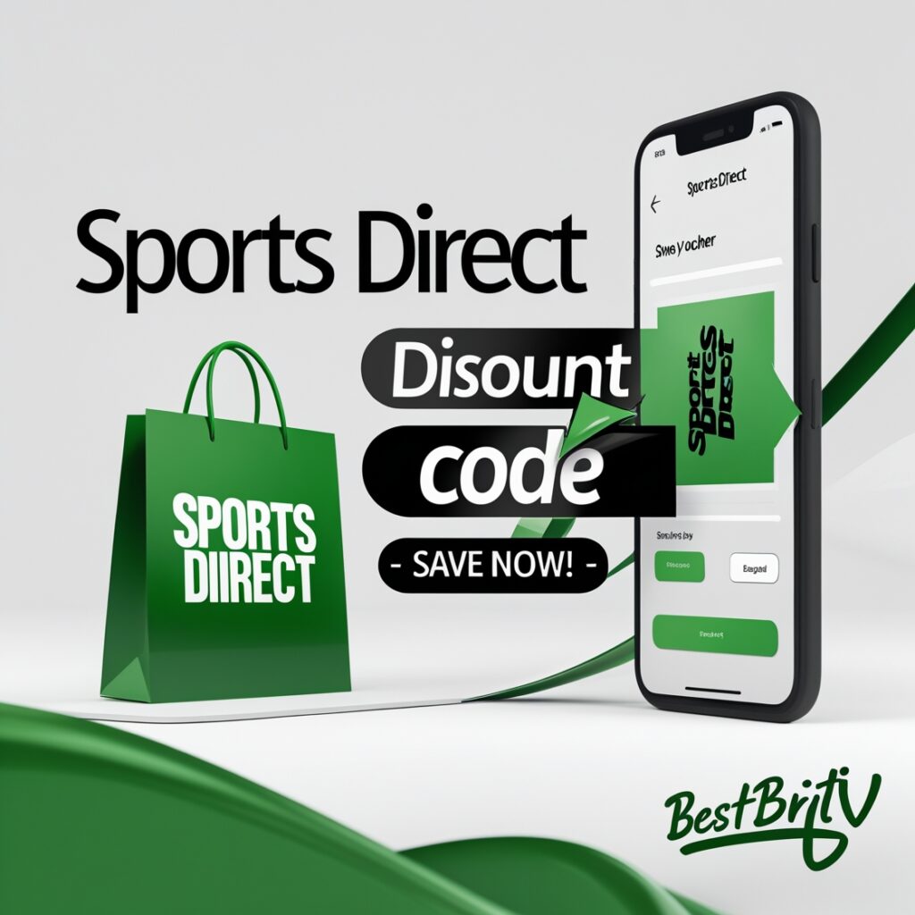 A close-up of a digital Sports Direct discount code being applied at checkout on a laptop screen, with shopping items like trainers and sportswear in the cart. Green and black branding colors highlight the savings message for UK users in 2025.